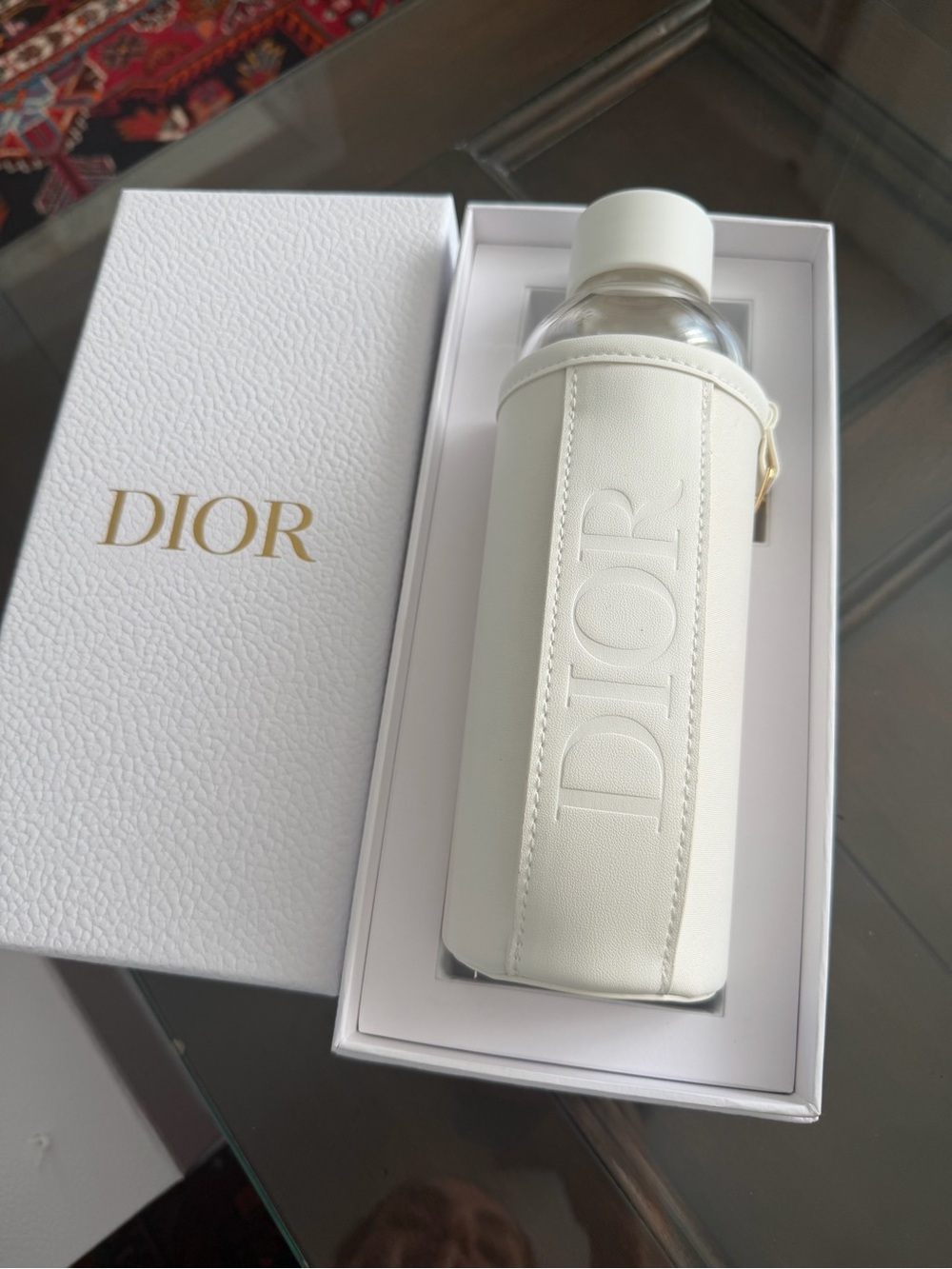 Dior White Leather-Covered Bath & Body Bottle with Embossed Logo